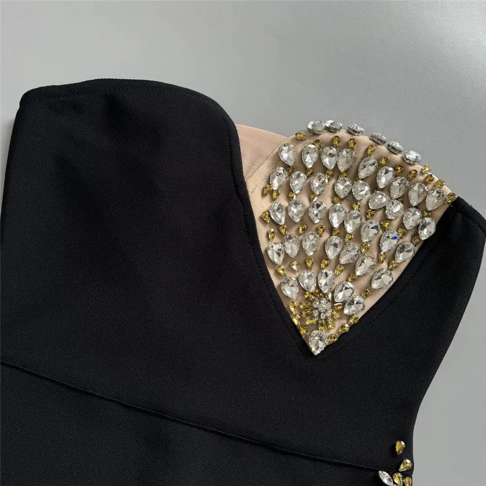 Elegant Rhinestone Color Block Evening Dress