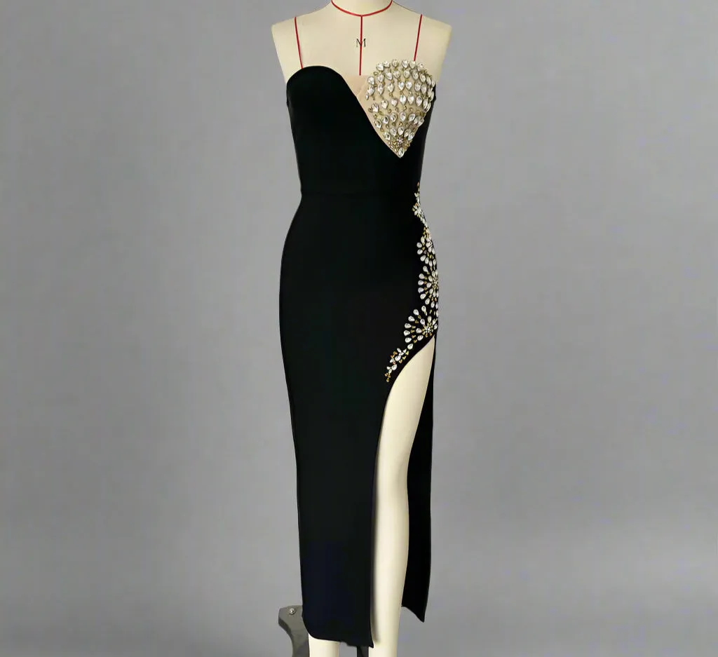 Elegant Rhinestone Color Block Evening Dress