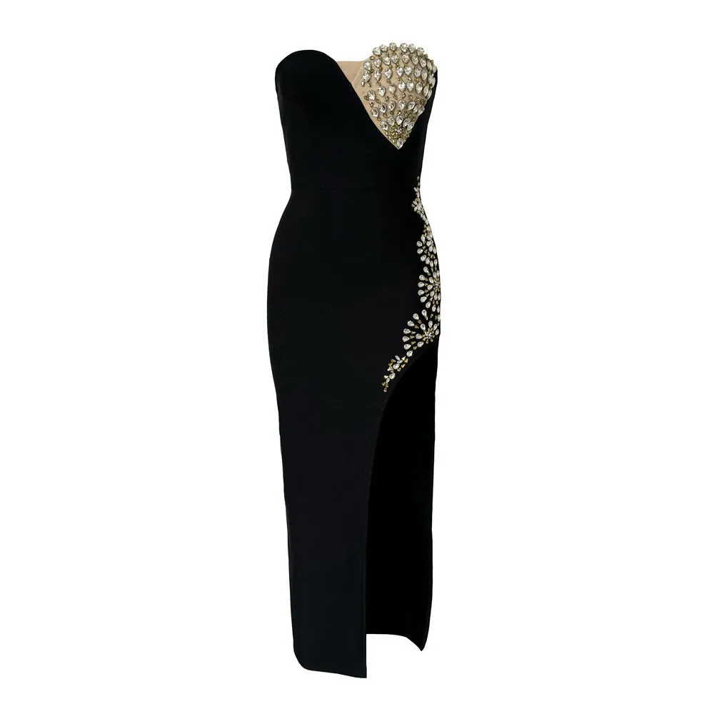 Elegant Rhinestone Color Block Evening Dress