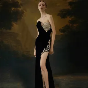Elegant Rhinestone Color Block Evening Dress