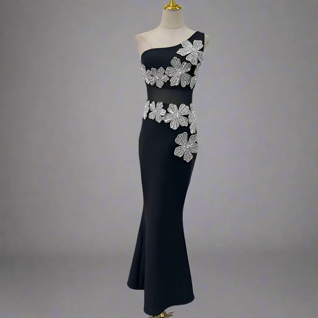 Elegant Rhinestone One Shoulder Evening Dress