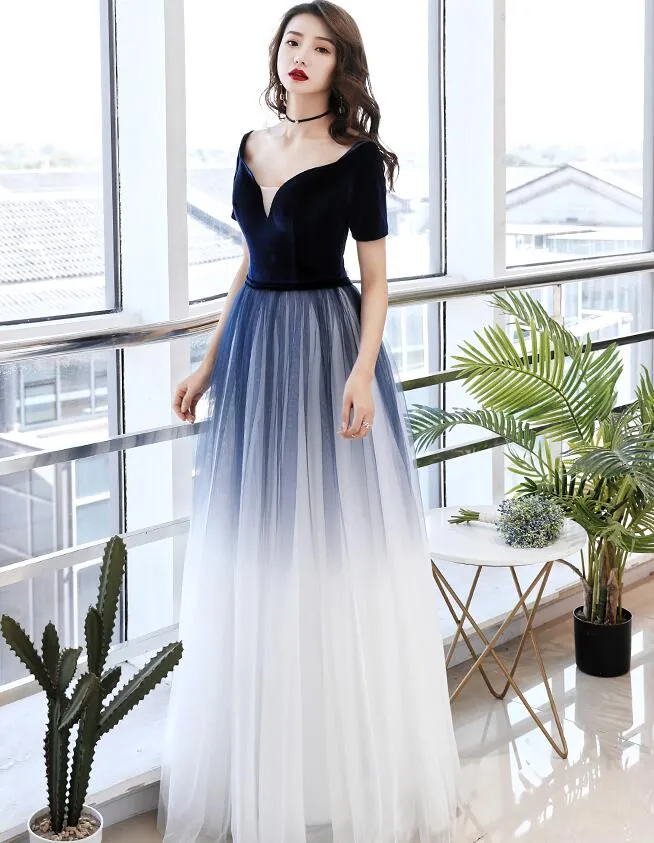 Elegant Tulle V-neckline Blue Evening Gown,Blue Formal Dress