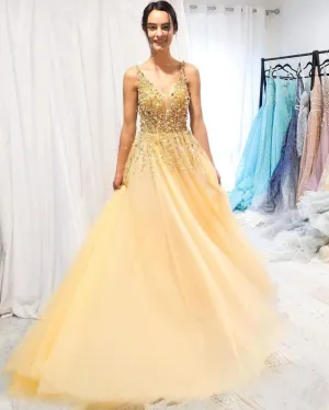 Elegant V Neck Yellow Beaded Prom Dresses Formal Evening Dress
