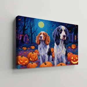 English Setters Dog 01 Halloween With Pumpkin Oil Painting Van Goh Style, Wooden Canvas Prints Wall Art Painting , Canvas 3d Art