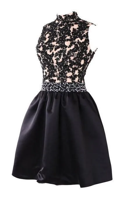 Exquisite Short High Neck Satin Homecoming Dress With Beaded TR0129