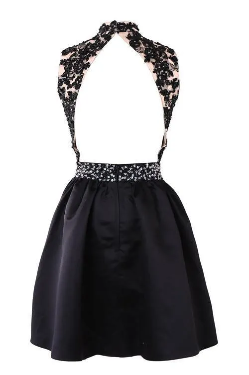 Exquisite Short High Neck Satin Homecoming Dress With Beaded TR0129