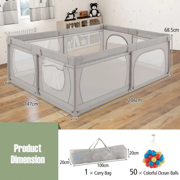 Extra Large Baby Playpen and Ball Pool with 50 Balls, Mat & Carry Bag | Breathable Mesh Fabric |  2m x 1.4m  | Grey