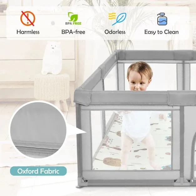 Extra Large Baby Playpen | Ball Pool | 50 Balls & Carry Bag | Breathable Mesh Fabric |  2m x 1.4m  | Soft Grey