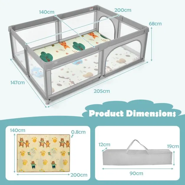 Extra Large Baby Playpen | Ball Pool | 50 Balls & Carry Bag | Breathable Mesh Fabric |  2m x 1.4m  | Soft Grey