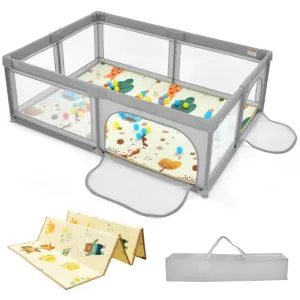 Extra Large Baby Playpen | Ball Pool | 50 Balls & Carry Bag | Breathable Mesh Fabric |  2m x 1.4m  | Soft Grey