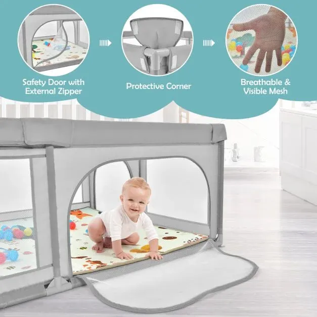 Extra Large Baby Playpen | Ball Pool | 50 Balls & Carry Bag | Breathable Mesh Fabric |  2m x 1.4m  | Soft Grey