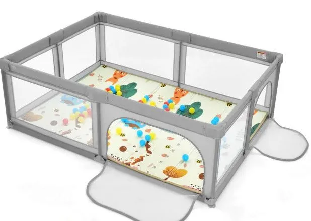 Extra Large Baby Playpen | Ball Pool | 50 Balls & Carry Bag | Breathable Mesh Fabric |  2m x 1.4m  | Soft Grey