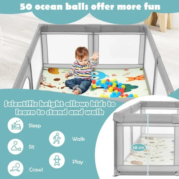 Extra Large Baby Playpen | Ball Pool | 50 Balls & Carry Bag | Breathable Mesh Fabric |  2m x 1.4m  | Soft Grey
