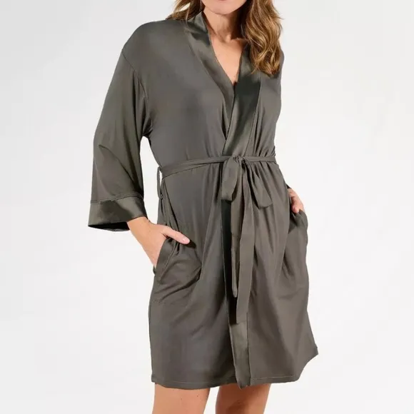 Faceplant Dreams Kimono Robe S/M Earl Grey Bamboo Pockets Soft Loungewear