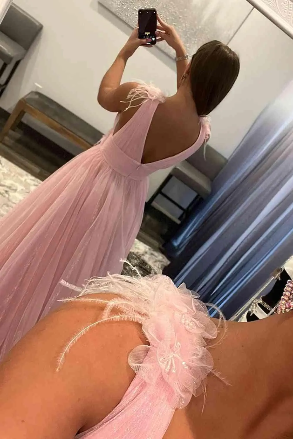 Feathers Backless Pink Plunging V-Neck Tulle Long Formal Dress PSK401