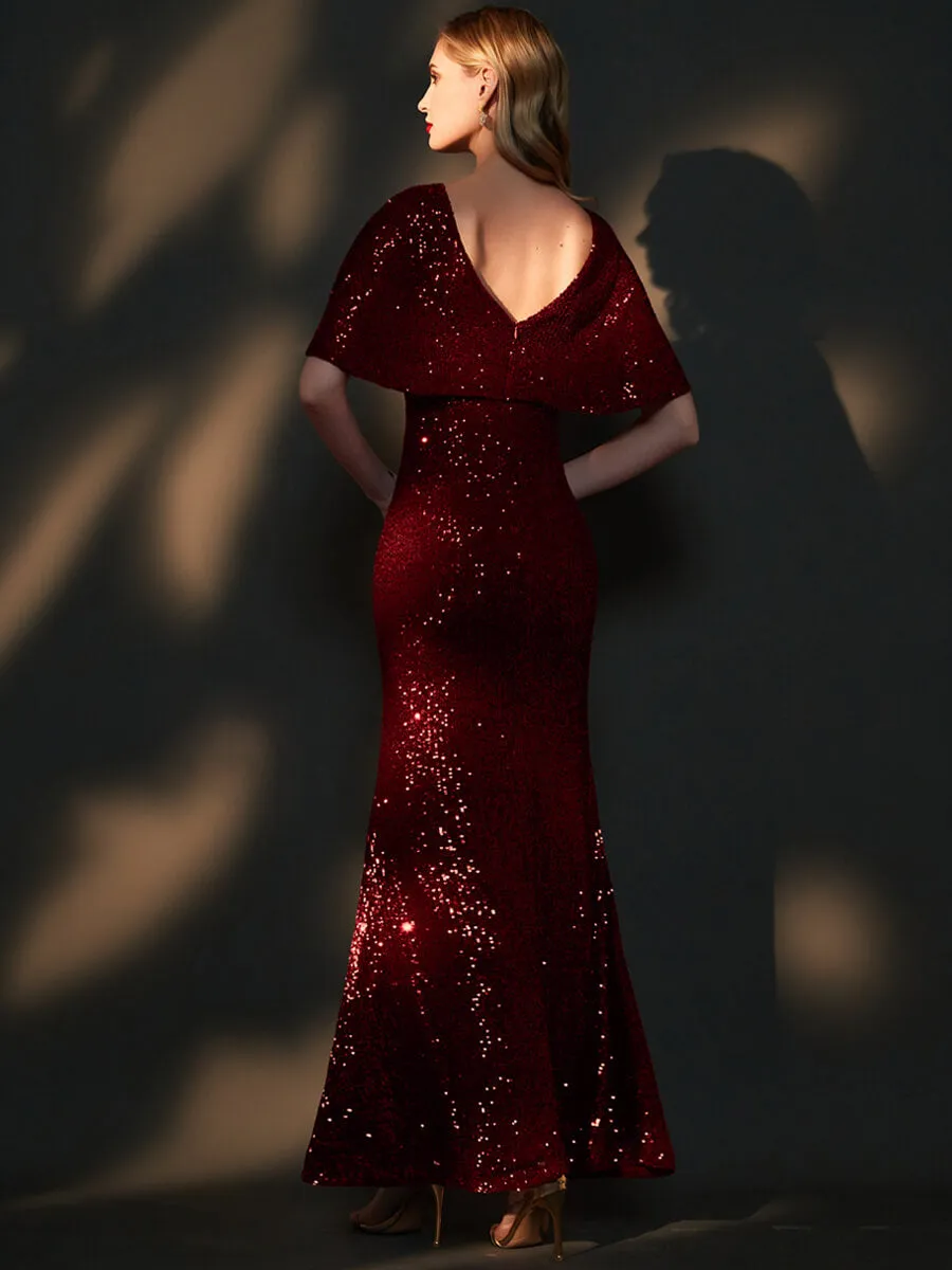 [Final Sale] Size S Burgundy Batwing Sleeves Sheer V-Neck Sequin Formal Gown
