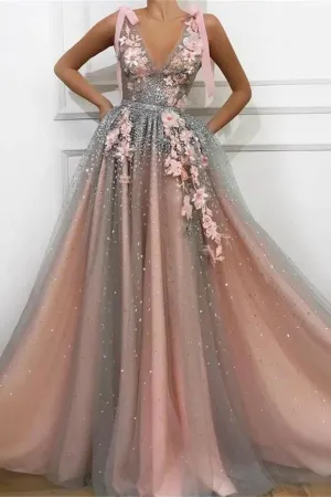 Girly V Neck Long Beading Party Prom Dress APP0750