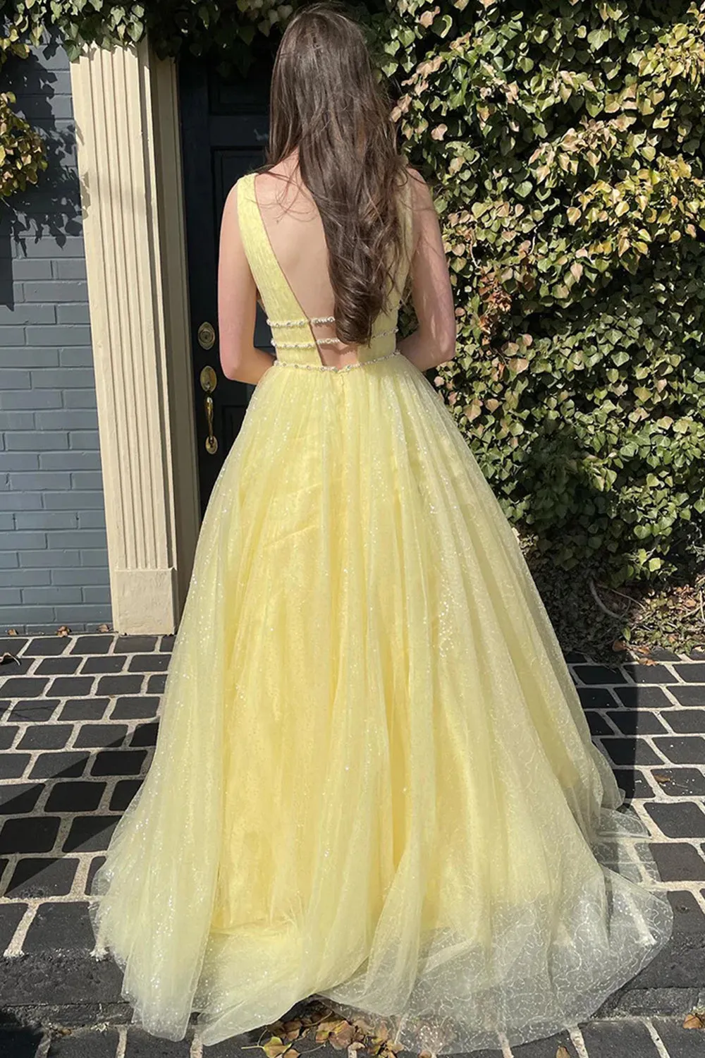 Glitter Yellow A-Line Beaded Long Tulle Prom Formal Dress TP1252