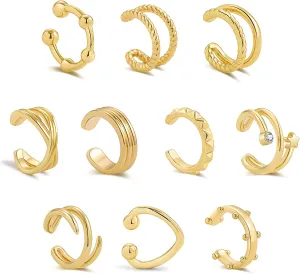 Gold Cuff Helix Earrings-10 Earrings Set Sensitive Skin
