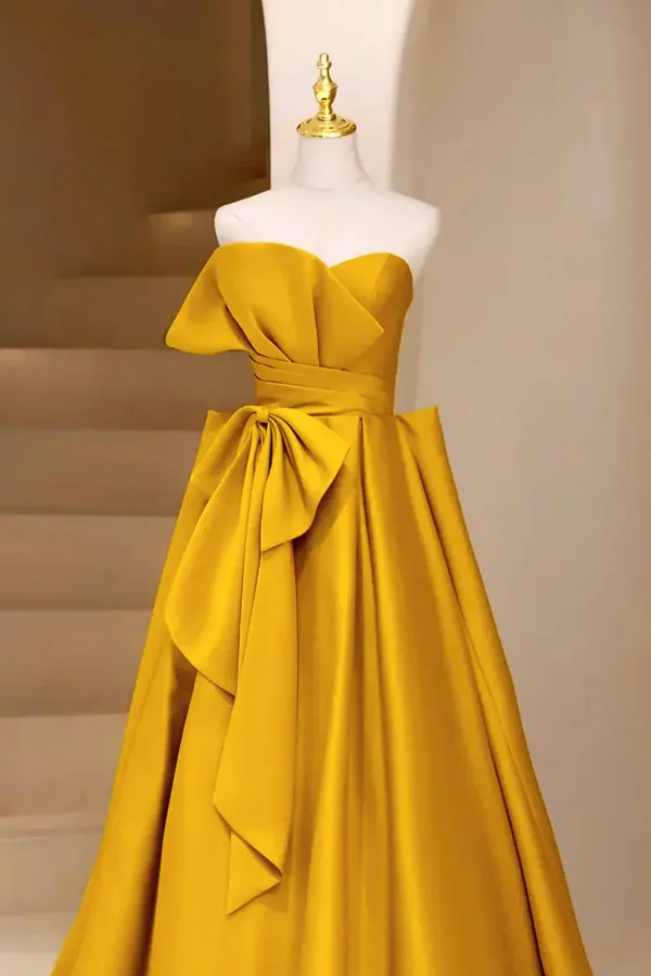 Gold Satin A Line Strapless Long Prom Dress Party Dress, Evening Dress APP1127