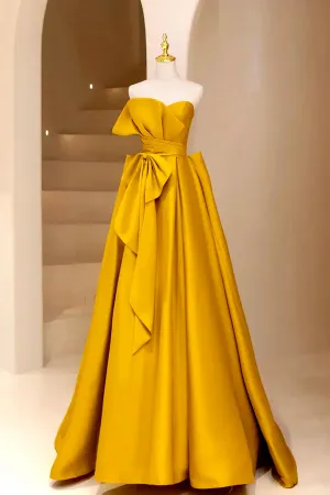 Gold Satin A Line Strapless Long Prom Dress Party Dress, Evening Dress APP1127