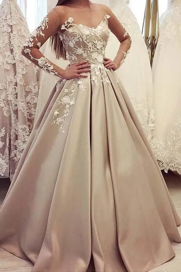 Gorgeous Bateau A Line Appliques Prom Dress with Long Sleeve  TP0178