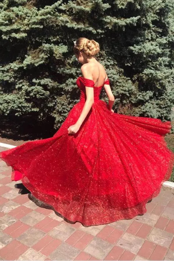 Gorgeous Off Shoulder A-Line Red Long Prom Formal Dress TP0973