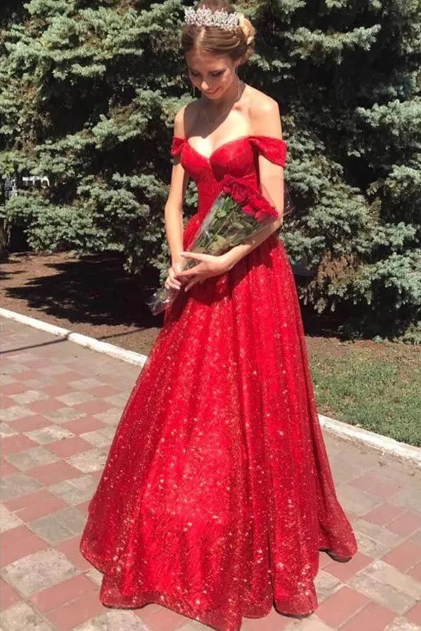 Gorgeous Off Shoulder A-Line Red Long Prom Formal Dress TP0973
