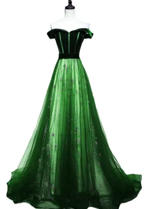 Gorgeous Off Shoulder Tulle with Velvet Long Party Dress, A-line Prom Dress Evening Dress