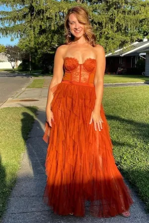 Gorgeous Sweetheart Rust Tiered Long Formal Dress with Slit    fg2555