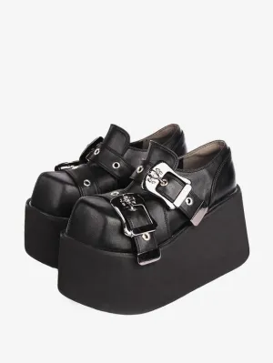 Gothic Lolita Footwear Black Grommets PU Leather Wedge Heel Lolita Shoes