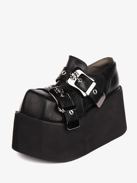 Gothic Lolita Footwear Black Grommets PU Leather Wedge Heel Lolita Shoes