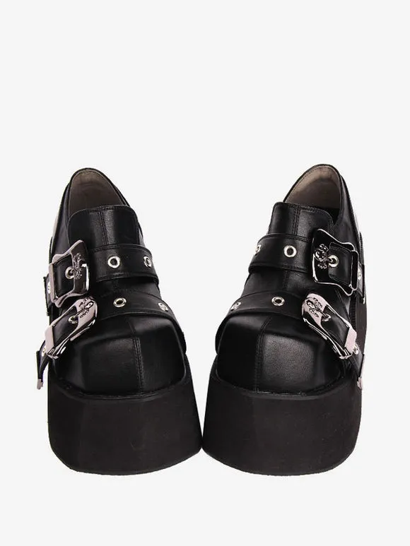 Gothic Lolita Footwear Black Grommets PU Leather Wedge Heel Lolita Shoes