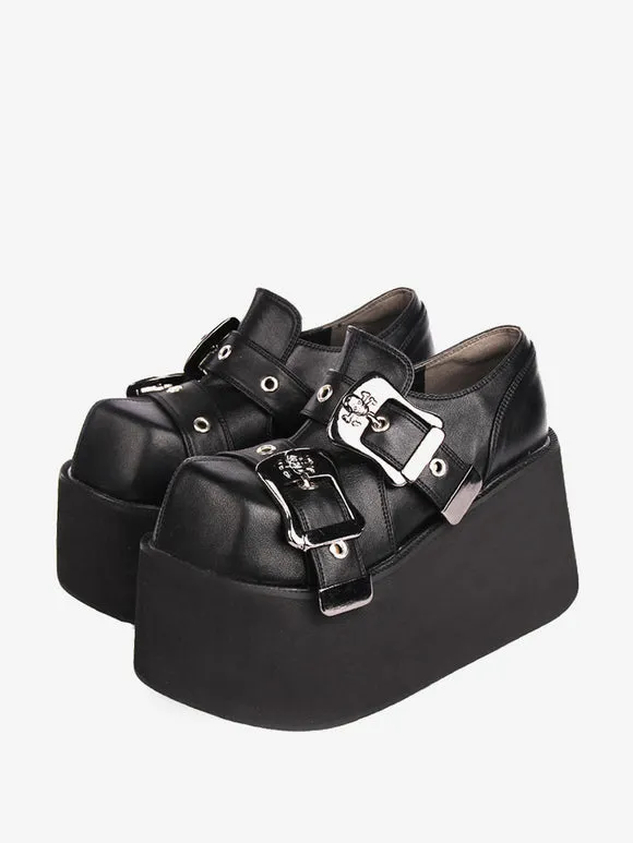 Gothic Lolita Footwear Black Grommets PU Leather Wedge Heel Lolita Shoes