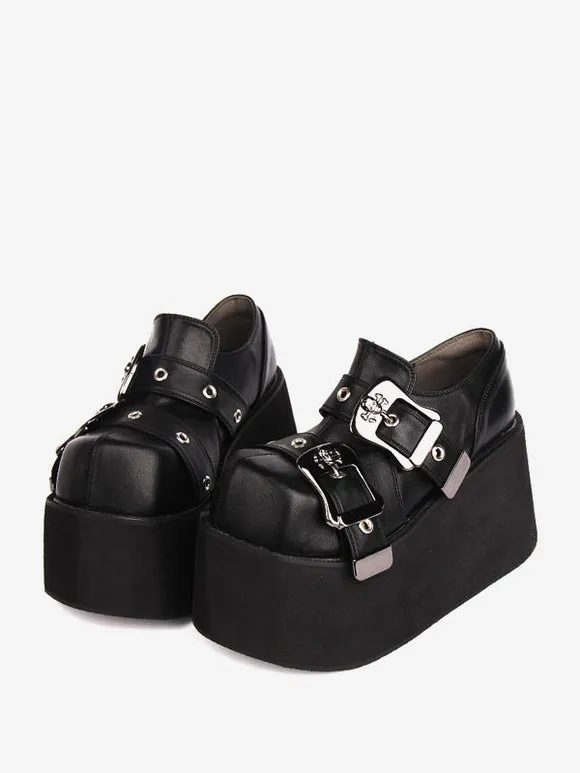 Gothic Lolita Footwear Black Grommets PU Leather Wedge Heel Lolita Shoes