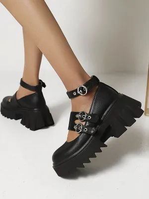 Gothic Lolita Footwear Black PU Leather Round Toe Daily Casual Lolita Shoes