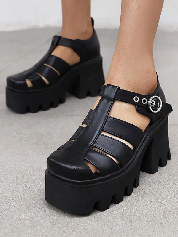 Gothic Lolita Footwear Black Round Toe Chunky Heel PU Leather Lolita Pumps