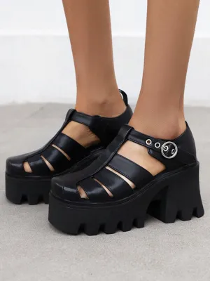 Gothic Lolita Footwear Black Round Toe Chunky Heel PU Leather Lolita Pumps