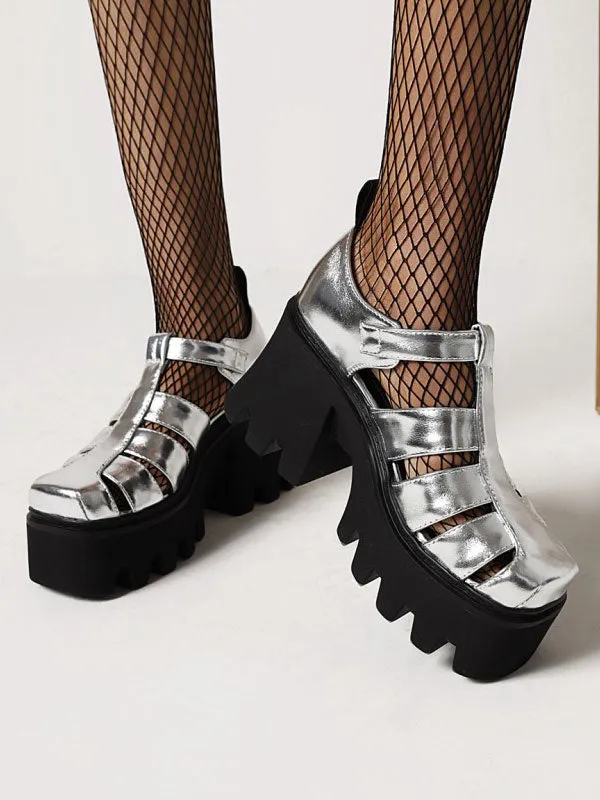 Gothic Lolita Footwear Black Round Toe Chunky Heel PU Leather Lolita Pumps