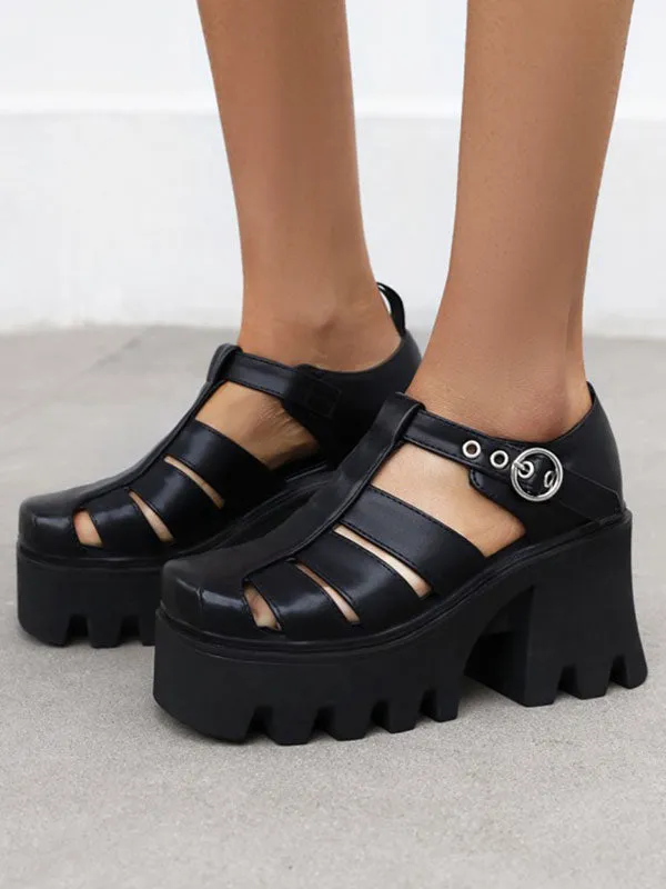 Gothic Lolita Footwear Black Round Toe Chunky Heel PU Leather Lolita Pumps