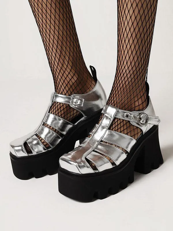 Gothic Lolita Footwear Black Round Toe Chunky Heel PU Leather Lolita Pumps