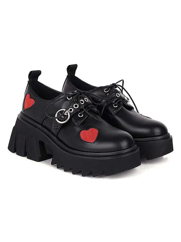Gothic Lolita Footwear Black Round Toe PU Leather Heart Pattern Lolita Pumps