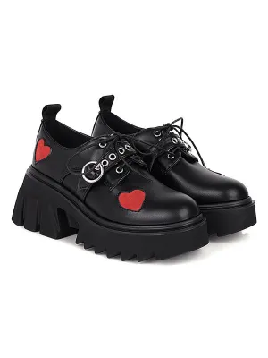 Gothic Lolita Footwear Black Round Toe PU Leather Heart Pattern Lolita Pumps
