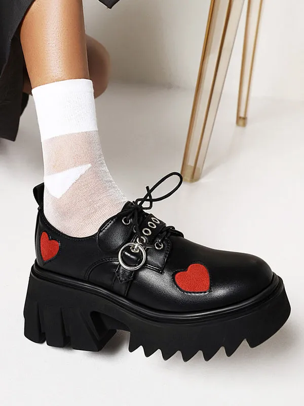 Gothic Lolita Footwear Black Round Toe PU Leather Heart Pattern Lolita Pumps