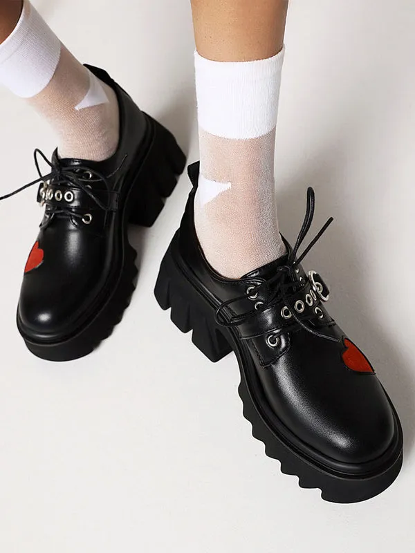 Gothic Lolita Footwear Black Round Toe PU Leather Heart Pattern Lolita Pumps