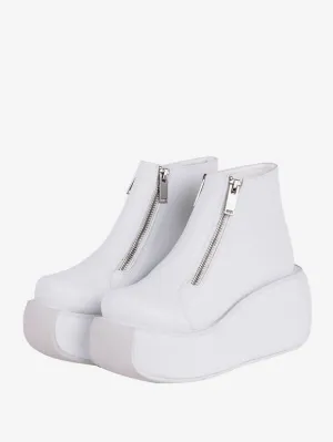 Gothic Lolita Footwear White Lace Up PU Leather Wedge Heel Lolita Shoes