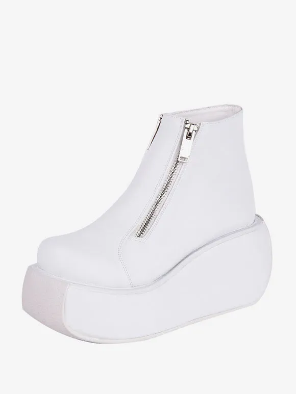 Gothic Lolita Footwear White Lace Up PU Leather Wedge Heel Lolita Shoes