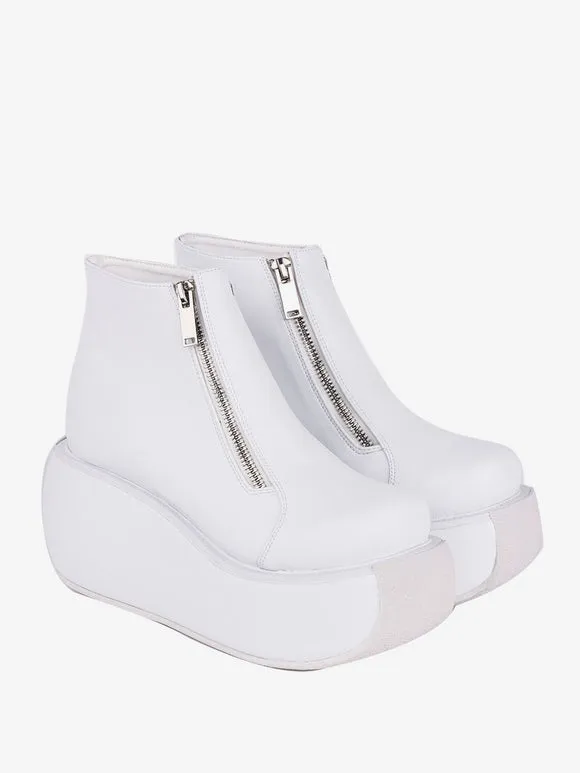 Gothic Lolita Footwear White Lace Up PU Leather Wedge Heel Lolita Shoes