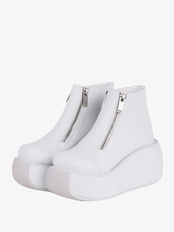 Gothic Lolita Footwear White Lace Up PU Leather Wedge Heel Lolita Shoes
