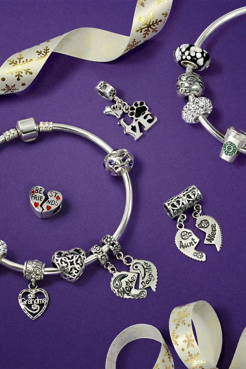 Grandma Mother Word Heart Shape Dangle Bead Charm Sterling Silver